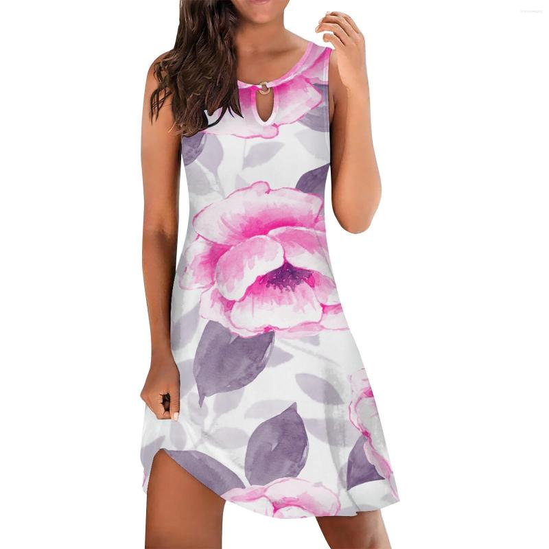 

Casual Dresses Sundress For Women Summer Loose Dress Sleeveless Floral Print Round Neck Pocket Ruffle, Blue