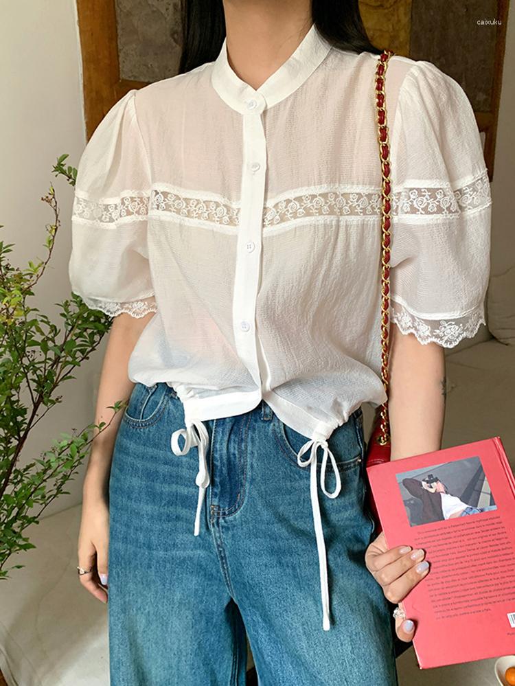 

Women' Blouses GypsyLady Summer Lace Chic Blouse Shirt Rayon Cropped Up Hollow Out Thin Sheer Sexy Holiday Women Casual Tops, Beige