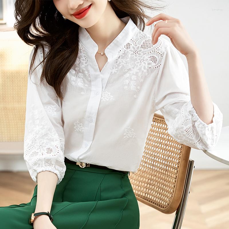 

Women' Blouses Elegant Embroidered Flower Hollow White Blouse Summer Three-quarter Sleeve Half High V Neck Shirt Casual Loose Cotton Tops
