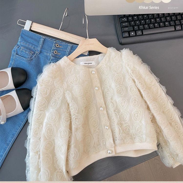 

Jackets 2023 Spring Autumn Girls Kids Top Fashon 3D Rose Flowers Cardigan Birthday Princess Jacket Children Clothes Outfits, Beige