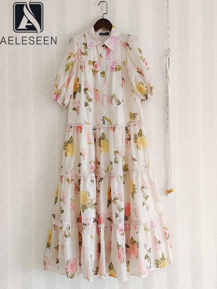 

Party Dresses AELESEEN Women Spring Summer Dress Runway Fashion Lantern Sleeve Flower Print Turtleneck Cascading Ruffles Loose Long, As photo