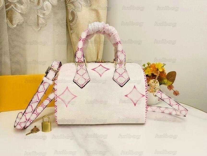 

Speedy Bandouliere 25 Bag 2023 Summer By The Pool Designer Padlock Womens Handbag Rose Pink Beige Blue Purse Crafted Giant Monograms pastel 20cm Pillow Bag, #1