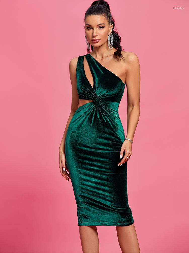 

Casual Dresses Velvet Party Dress Women Green Bodycon Elegant Sexy One Shoulder Midi Birthday Club Outfits 2023 Summer Runway Fashion