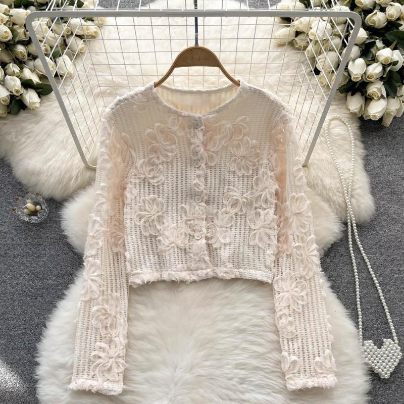 

Women's Blouses Elegant Women's Tops Tie Flowers White/Black Long Sleeve Single Breasted Open Stitch See Through Female Short Blouse, Beige