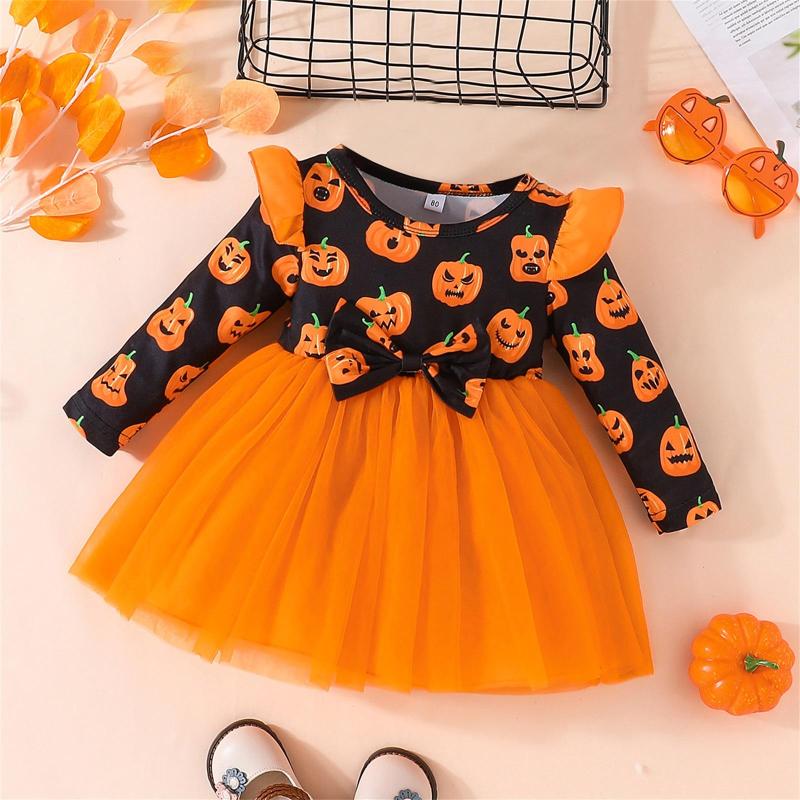 

Girl Dresses Kids Girls Halloween Dress Letter Bat/Pumpkin Print Layered Tulle Long Sleeve Fall Casual Clothes Princess, Orange