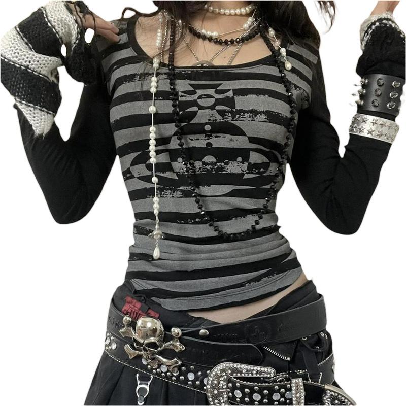 

Women' T Shirts Gothic Grunge Tops Y2k Aesthetic Striped Long Sleeve 2000s Graphic Tee Dark Academia Clothes E Girl Streetwear, Black