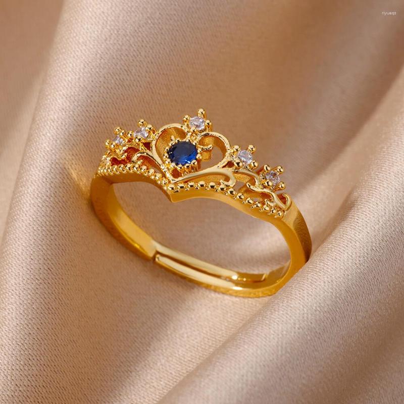 

Wedding Rings Blue Zircon Crown Adjustable For Women Girl Gold Color Silver Open Ring Party Jewelry Accessories Gift