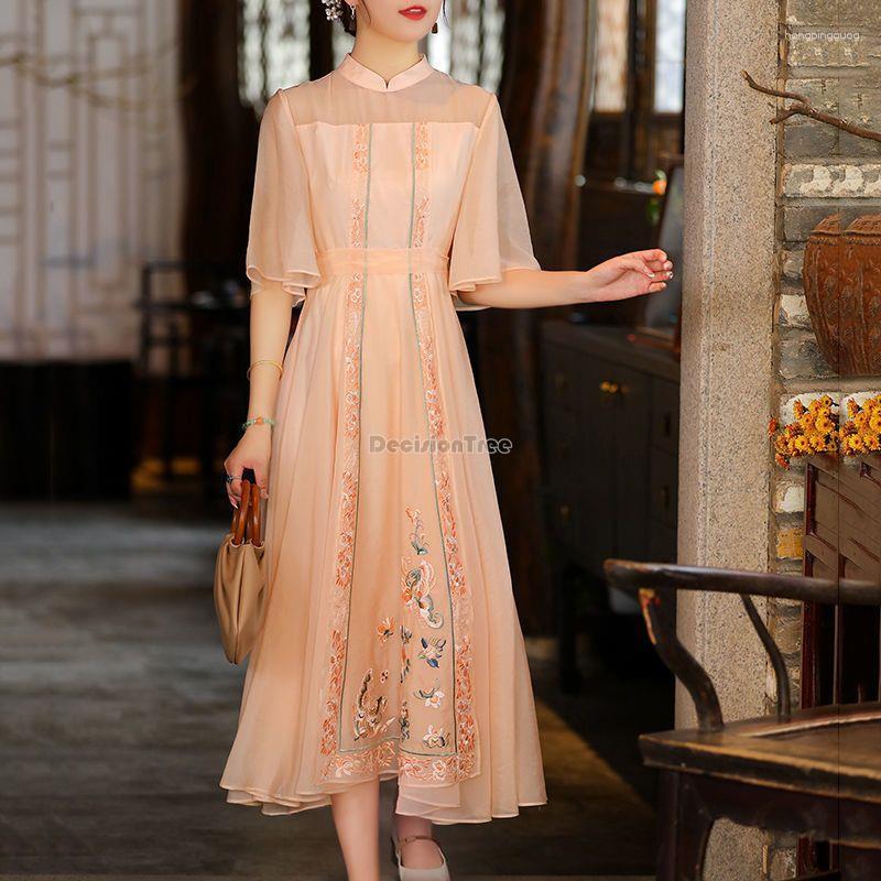 

Ethnic Clothing 2023 Chinese Improved Cheongsam Long Dress Retro Hanfu Women's Short Sleeve Stand Collar Daily Tang Suit Embroidery