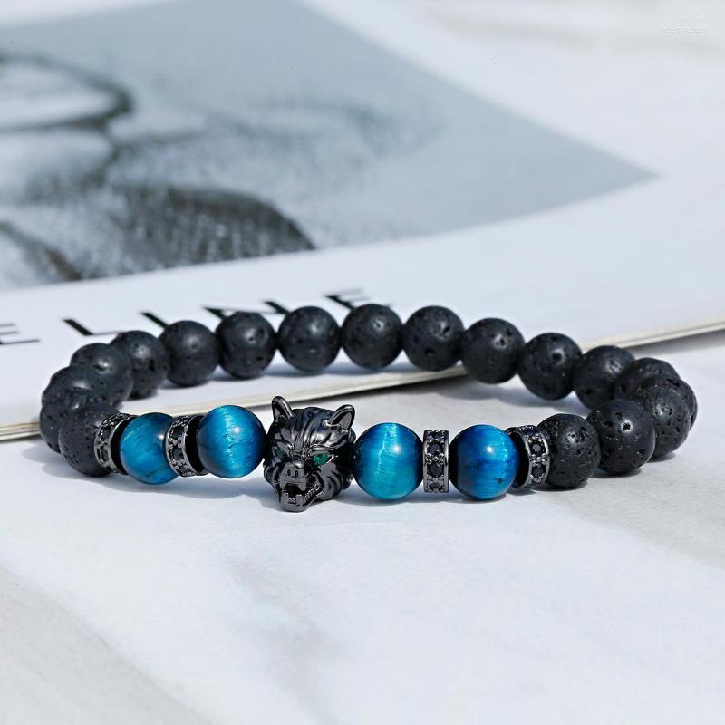 

Strand Gothic Wolf Leopard Charm Bracelet For Men Natural Lava Volcano Stone Blue Black Beads Bracelets Handmade 8mm Beaded Jewelry