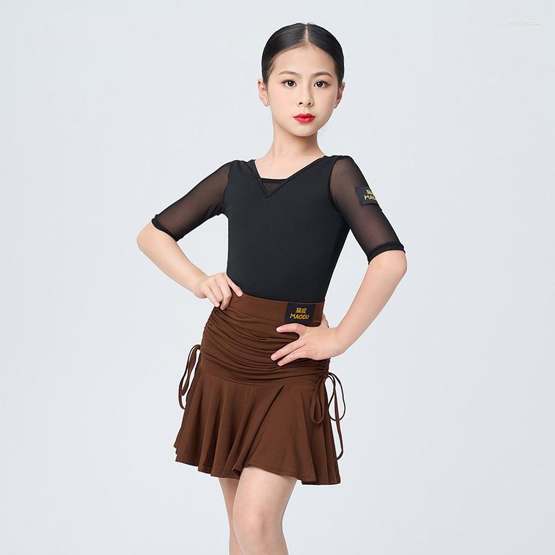 

Stage Wear 2023 Latin Dance Clothes Black Bodysuit Brown Skirt Rumba Outfit Girls Practice ChaCha Costume DL10586