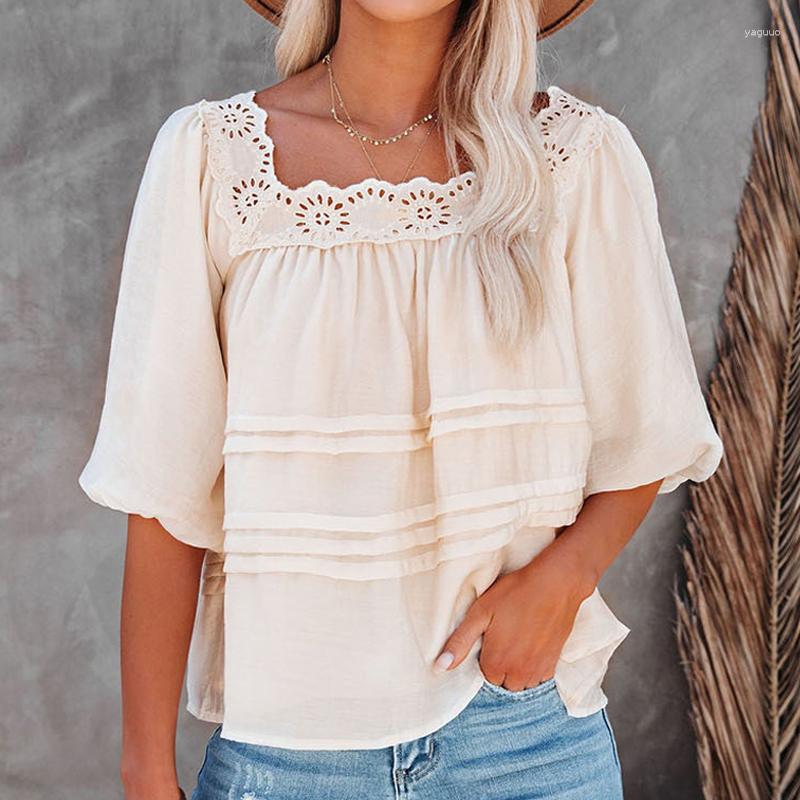

Women' Blouses Sweet Square Collar Blouse Women Short Sleeve Shirt Hollow Out Lace Summer Lantern Tops Casual Loose Blusas 25796, Creamy-white