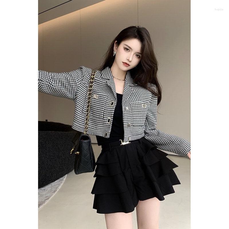 

Women's Jackets EWSFV 2023 Autumn Women Houndstooth Slim Short Coat Korean Style Lapel Full Sleeve Small Suit All Matching