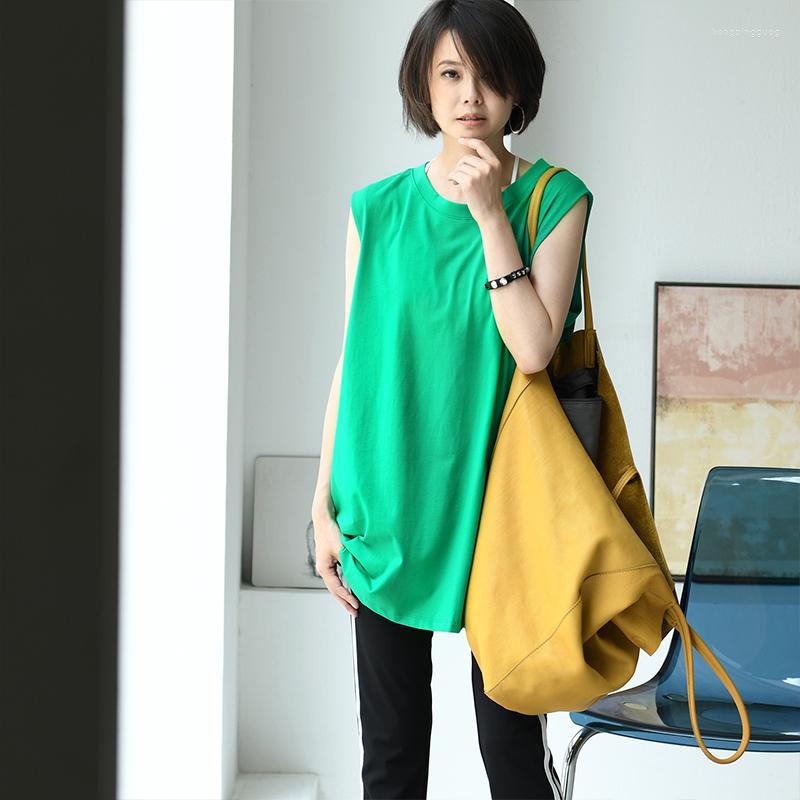 

Women's T Shirts MICOCO T2050C Korean Version Of Casual Simple Side Slit Loose Medium Long Round Neck Sleeveless T-shirt Woman, Black
