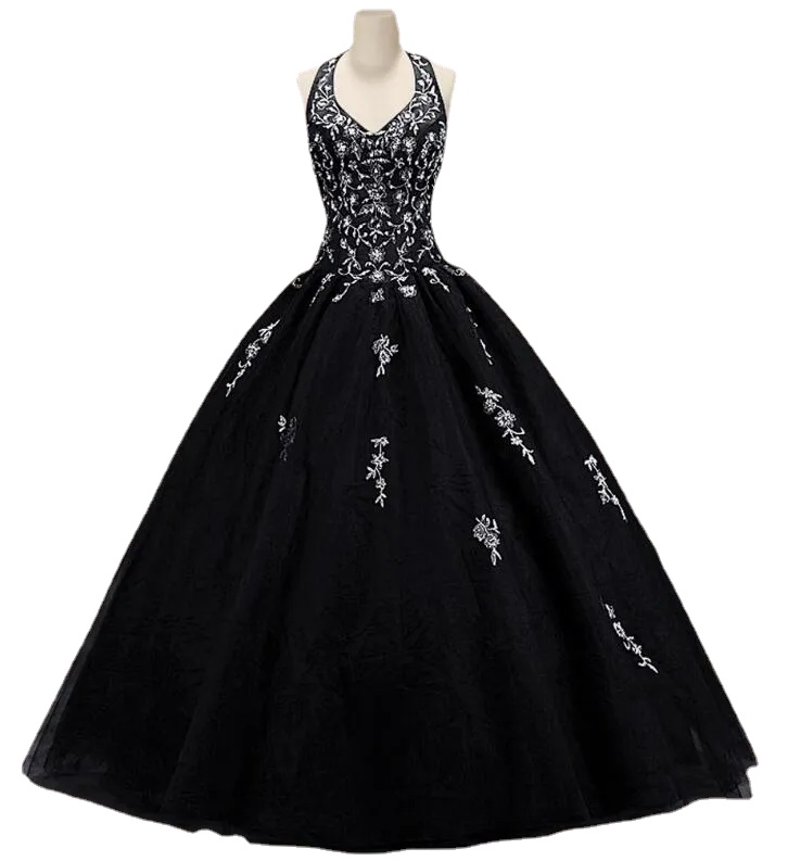 

Vintage Colorful Black Ball Gown Gothic Wedding Dress Halter Tulle Skirt Silver Embroidery Floor Length Non White Bridal Gowns Couture