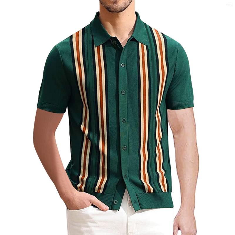 

Men's Casual Shirts Men's Retro Ethnic Style Striped Shirt Slim Buttons Down Streetwear Short Sleeve Turn Neck Clothing Hawaiian, Beige