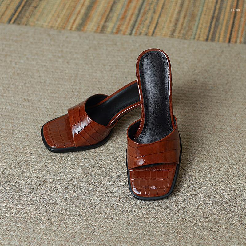 

Slippers 2023 Women's Natural Leather 22-24.5cm Cowhide Uppe Full Round Heel Embossed Stone Pattern Shoes Half, Beige