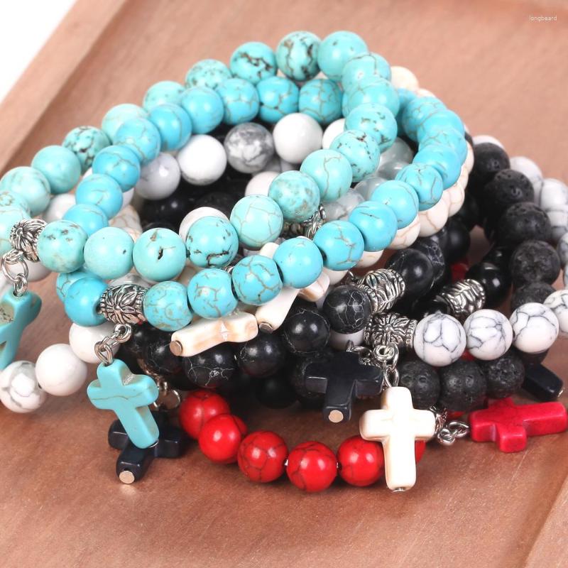 

Charm Bracelets 8mm Natural Stone Bracelet Cross Pendant Lava Agates Turquoise Beads Jewelry Gift For Men Women Elastic Rope
