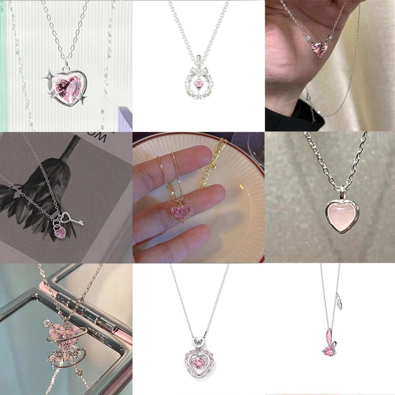 

Pendant Necklaces Copper Pink Heart Necklace Wing Cubic Zirconia Silver Color Metal For Sweet Women Girls 40cm Long
