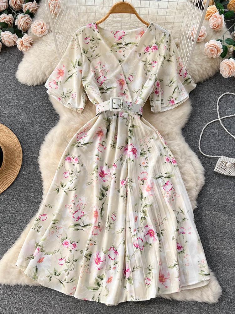

Casual Dresses 2023 Fashion Romantic Floral Print Women Dress Bohemian Chiffon Summer With Belt Chic Korean Pleated Party Vestidos