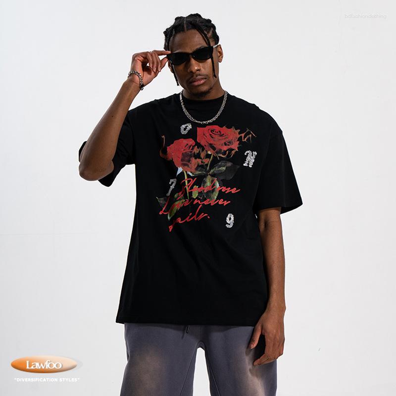 

Men' T Shirts Drilling Rose Graphic Printing Couple T-Shirt Streetwear Summer Men' Loose Casual Short Sleeve Tees Male O-Neck Cotton, Black