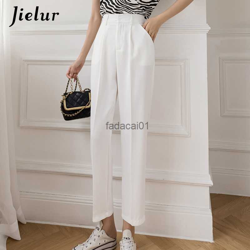 

Jielur High Waist Casual Blue Pants Female Pocket Zipper Apricot Suit Pants Women Autumn Straight Loose White Trousers SXL L230621