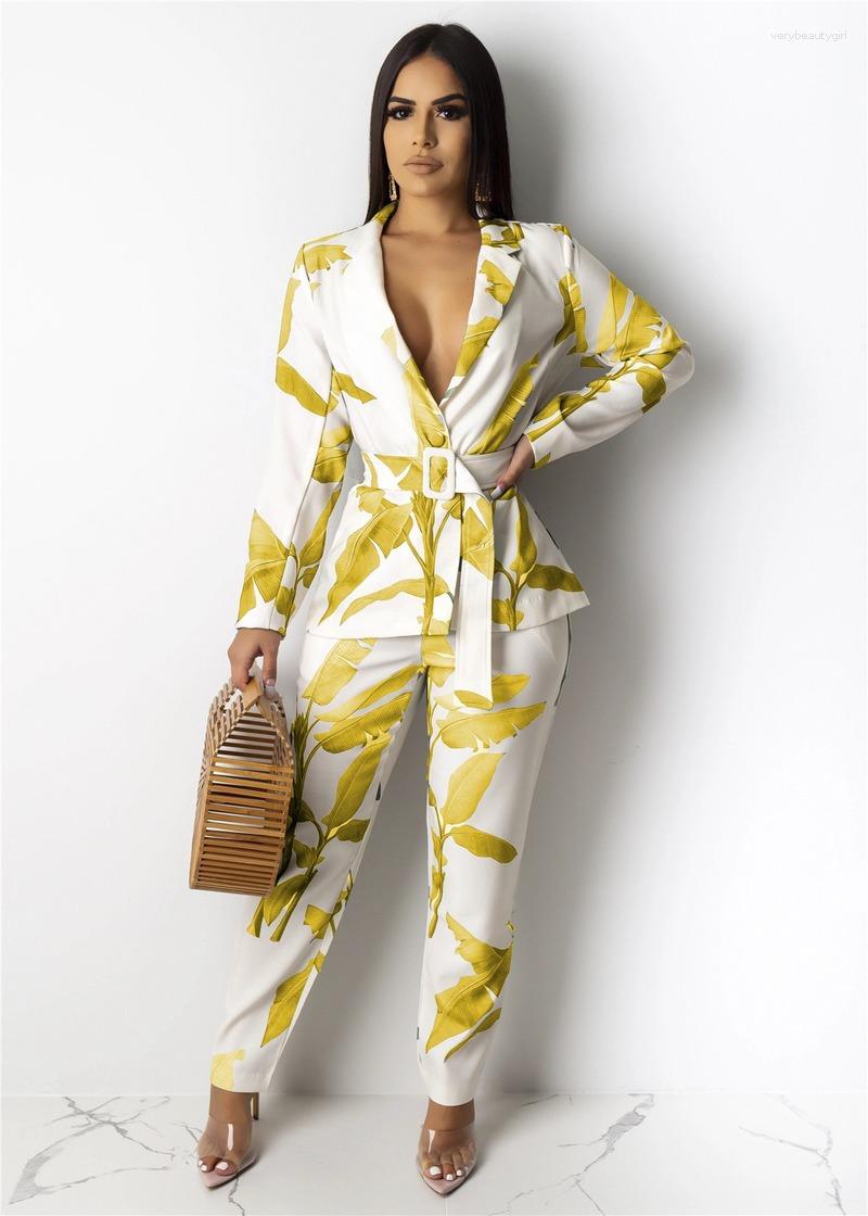 

Women' Two Piece Pants Leaf Print Blazer Suit With Free Belt Set Women Casual Commute Multicolor Elastic Waist Trousers, Red