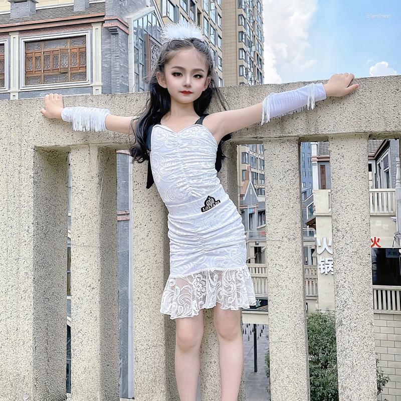 

Stage Wear Latin Dancing Dress Girls White Professional Dance Competition Performance Costume SL8526