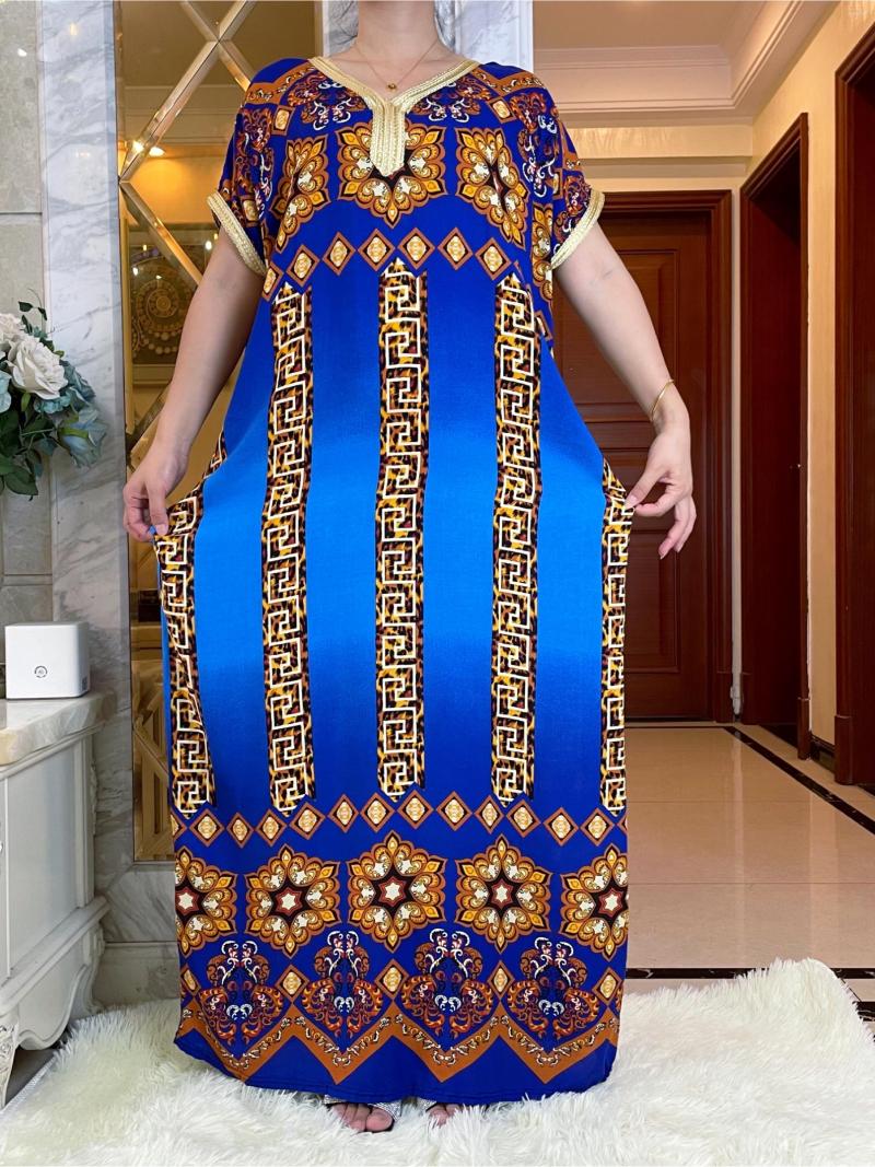 

Ethnic Clothing 2023 African Style Short Sleeve Dress Dubai Dashiki Floral Print Gilding Cotton Caftan Lady Summer Maxi Casual Dresses