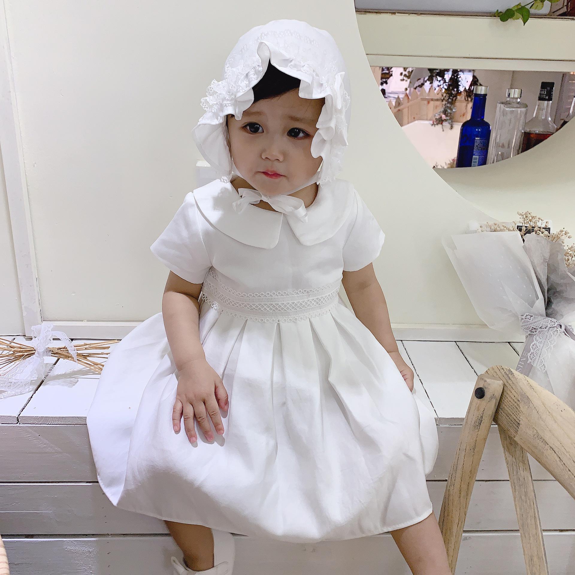 

Baby Girls Dress with Hat Toddler Short Sleeves Satin Christening Dress Newborn Baby Formal Baptism, Ivorie