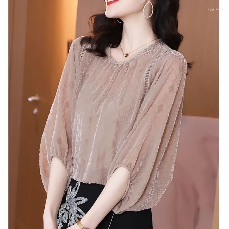 

Women's Blouses Summer Age Reduction Large Women's Wear Medium Sleeve Chiffon Top Fat Sister Loose Thin Belly Covering Bottomed Womens, Blue