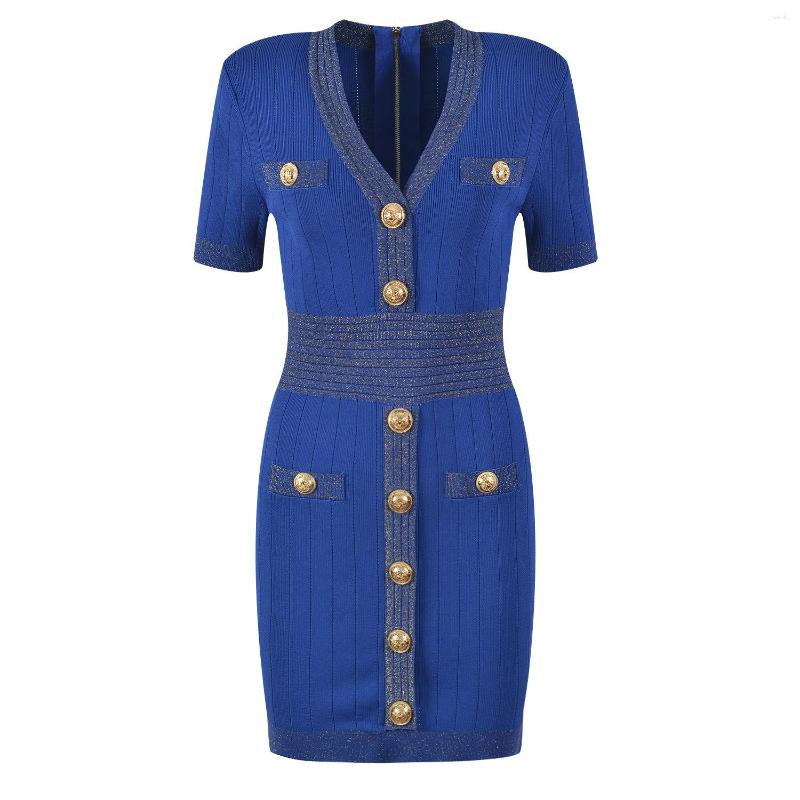 

Party Dresses 2023 Knitted Dress Women Supplier Short Sleeve Summer Bodycon V-neck Chic Mini Lurex Vestidos Elegant Korean, Blue