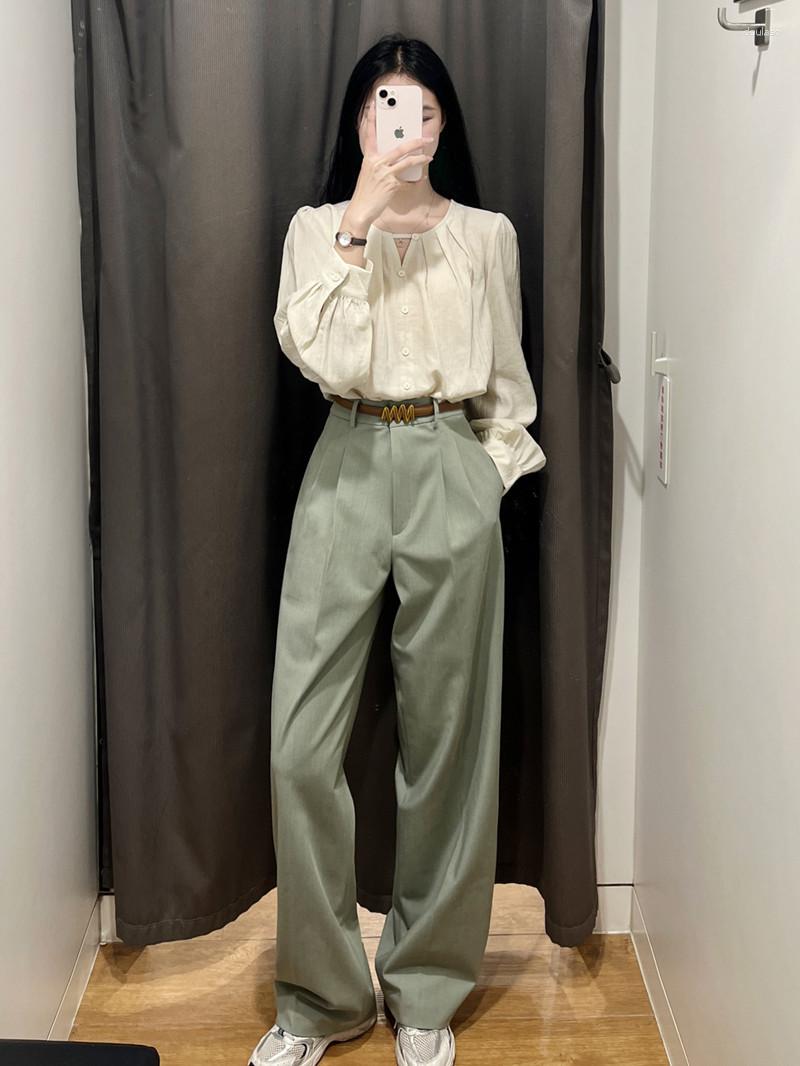 

Women' Two Piece Pants Korean High-end Light And Familiar Style Hong Kong Yujie Shirt Suit Wide Leg Set For Women, Green