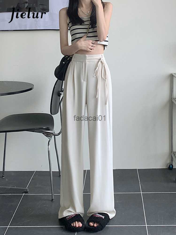 

New Summer Women' Pants High Waist Laceup Apricot Black Suit Pants Loose Wide Leg Trousers Female S4XL Size L230621