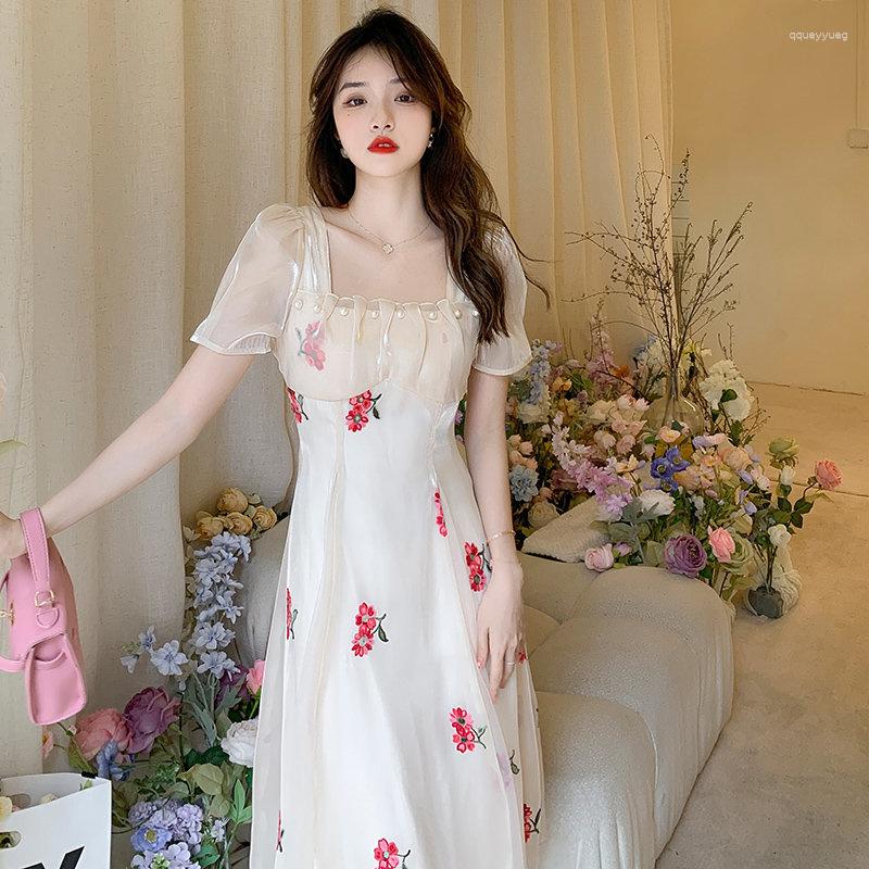 

Party Dresses Women Glam Summer French Style Chiffon Vestidos Sexy Perspective Gauze Square Collar Bright Beads Floral Fairy, Apricot
