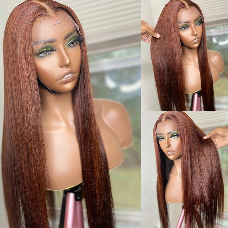 

Brown Straight 13x4 Lace Front Human Hair Wig For Women Brazilian Honey Blond Wig PrePlucked Brown Color Remy Wig 180%, Light brown