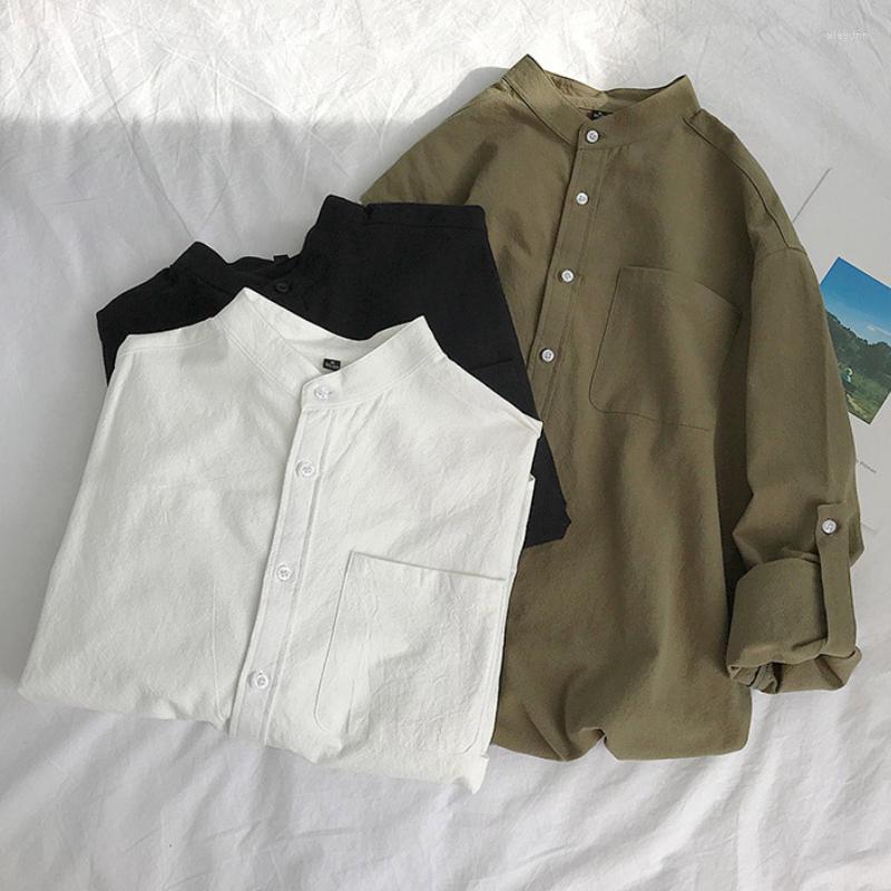 

Men's Casual Shirts Simple Design Solid Color Long Sleeve Linen Cotton Korean Fashion Mandarin Collar White Black Shirt Soft And Comfort