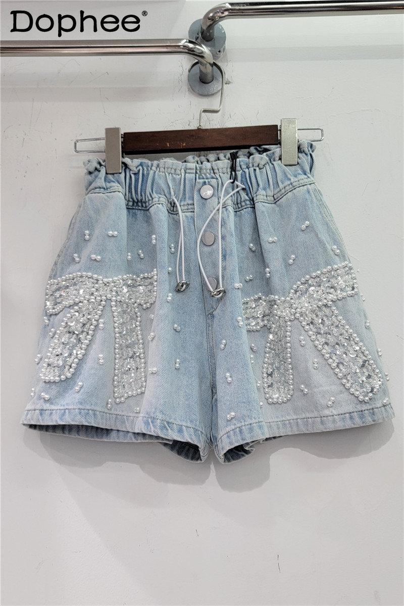 

Women's Shorts 2023 Summer Heavy Handmade Beaded Bowknot High Waist Denim Women's Loose Slimming And Wide Leg Jeans Pants, Blue