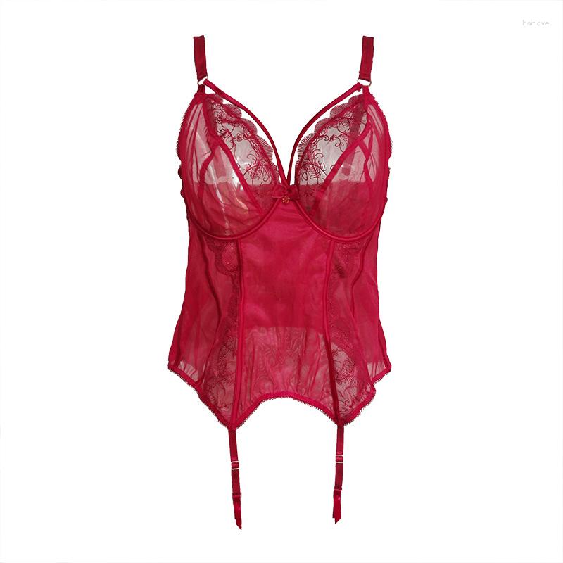 

Women's Shapers Red Lace Gauze Plus Size Women Sexy Bustier With Garter Belts Metal Clips Lingeries Underwear SH024, Picture shown