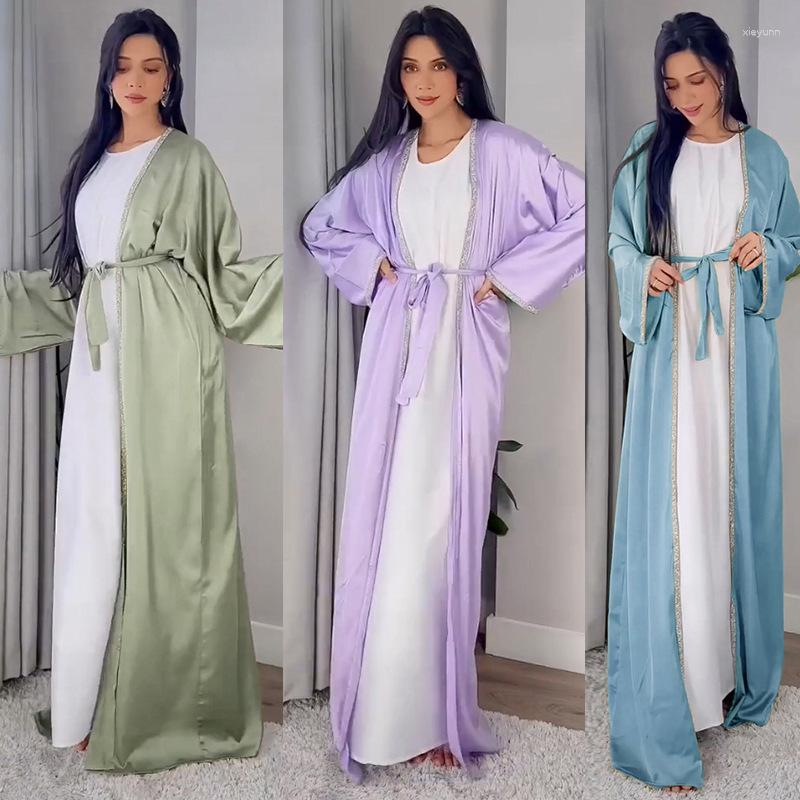 

Ethnic Clothing Cardigan Muslim Abaya Dress Dubai Silk Satin Solid Batwing Sleeve Kaftan Casual Loose Open Kimono Turkish Islamic