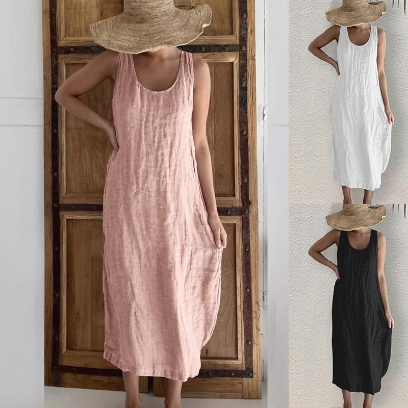 

Casual Dresses Women Solid Dress Sleeveless Round Neck Pocket Loose Halter Summer For Juniors Congo, Black