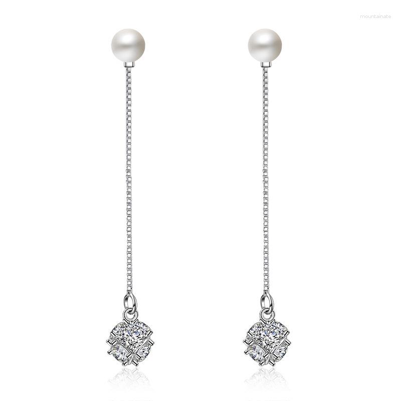 

Dangle Earrings S925 Silver Earring Cute Pave Magic Love Cube Pearl Long Tassel Drop For Women Wedding Gift Lady Girl Fashion Jewelry