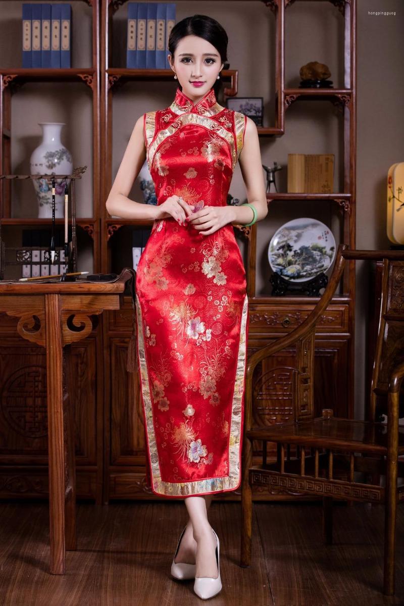 

Ethnic Clothing Shanghai Story Vintage Chinese Women's Satin Polyester Long Cheongsam Qipao Dress Sleeveless For Ladies