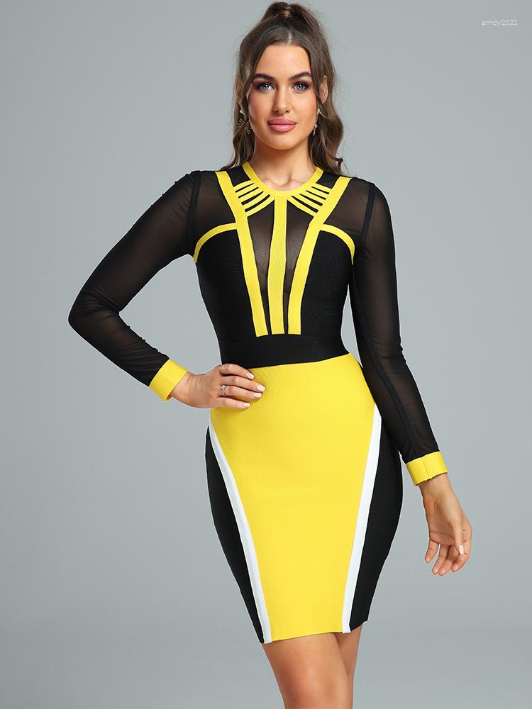 

Casual Dresses Sexy Bandage Dress Party Wear For Women Bodycon Elegant Yellow Mesh Insert Long Sleeve Christmas Birthday Club Outfit