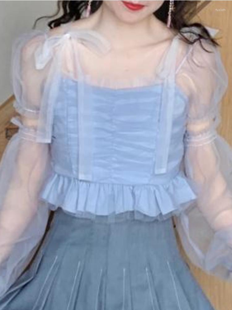 

Women' Blouses Blue Sweet Lolita Blouse Women Kawai Korean Style Summer Puff Sleeve Mesh Tops Female France Vintage Casual Chiffon 2023