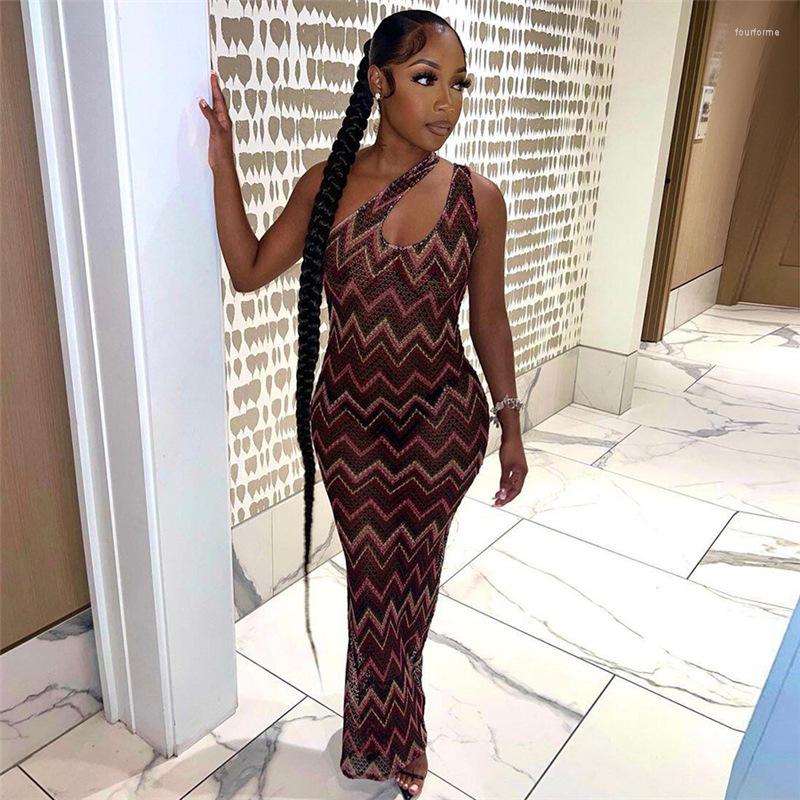 

Casual Dresses One Shoulder Cut Out Y2K Print Maxi Dress Bodycon See Through Mesh Women Summer Clothes Streetwear Beach Holiday Sundress