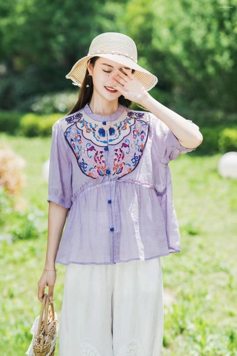 

Women's Blouses 2023 Summer Heavy Industry Embroidered Ramie Shirt Women's Standing Collar Plate Button Cardigan Split Sleeve Mesh Red, Green