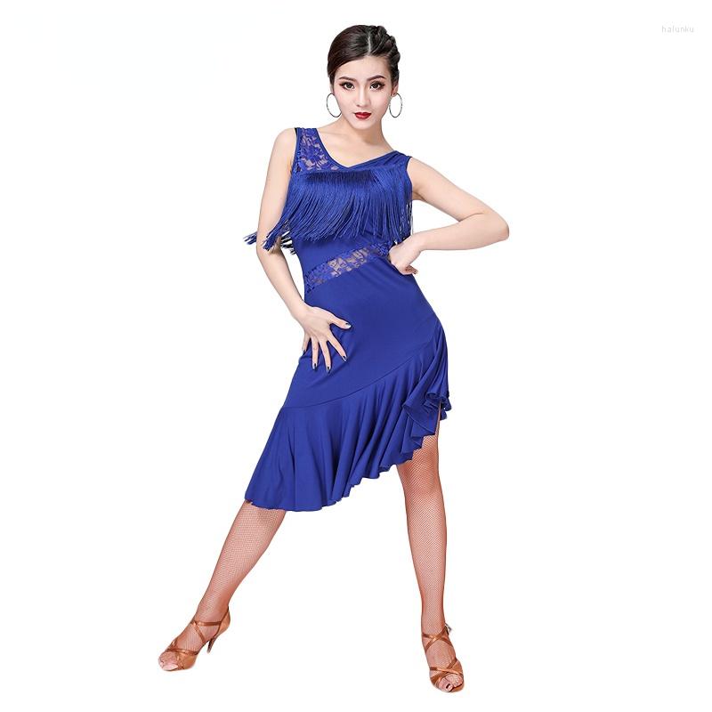 

Stage Wear Latin Dance Dress Women Performance Competition Tassel For Ballroom Salsa Cha Dancewear Practice LaceDress, Black
