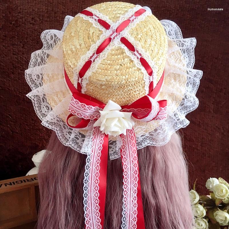 

Wide Brim Hats Flower Decor Sunshade Flat Hat Lolita Anti-UV Tea Party Sandy Beach Seaside On Summer Vacation Sun Adjustable