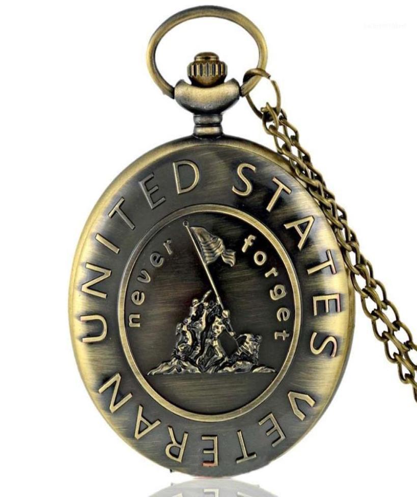 

Vintage US Veteran Army Bronze Pocket Watch Quartz Necklace Pendant Antique Gift9864903, Gold