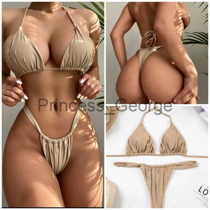 

Women's Plus Size Swimwear 2023 Push Up Sexy Bikinis Women Solid Swimwear Triangle Bikini Set Female Pleated Swimsuit Brazilian Bathing Suits Beach Wear x0621, Beige